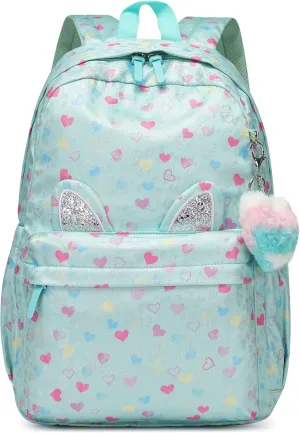 30L Pink Green Peach Heart Backpack for 6-18 Years Girls Waterproof School Bookbag with Cat Ears & Peach Heart Keychain,Large Capacity Lightweight Travel Backpack for Teens College