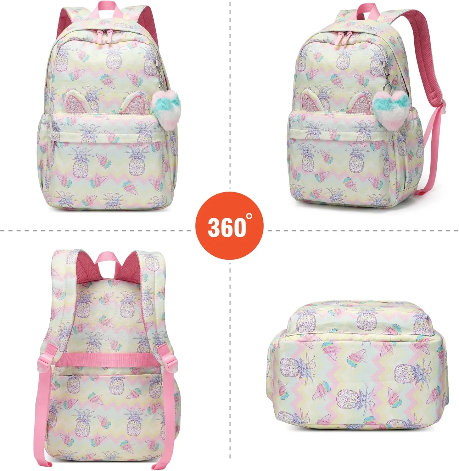 30L Waterproof Large Capacity School Backpack for 6-18 Years Girls & Boys Lightweight Durable Travel Bookbag with Cat Ear & Heart Keychain,Teens to College Backpack for Daily Use(Yellow Pink)