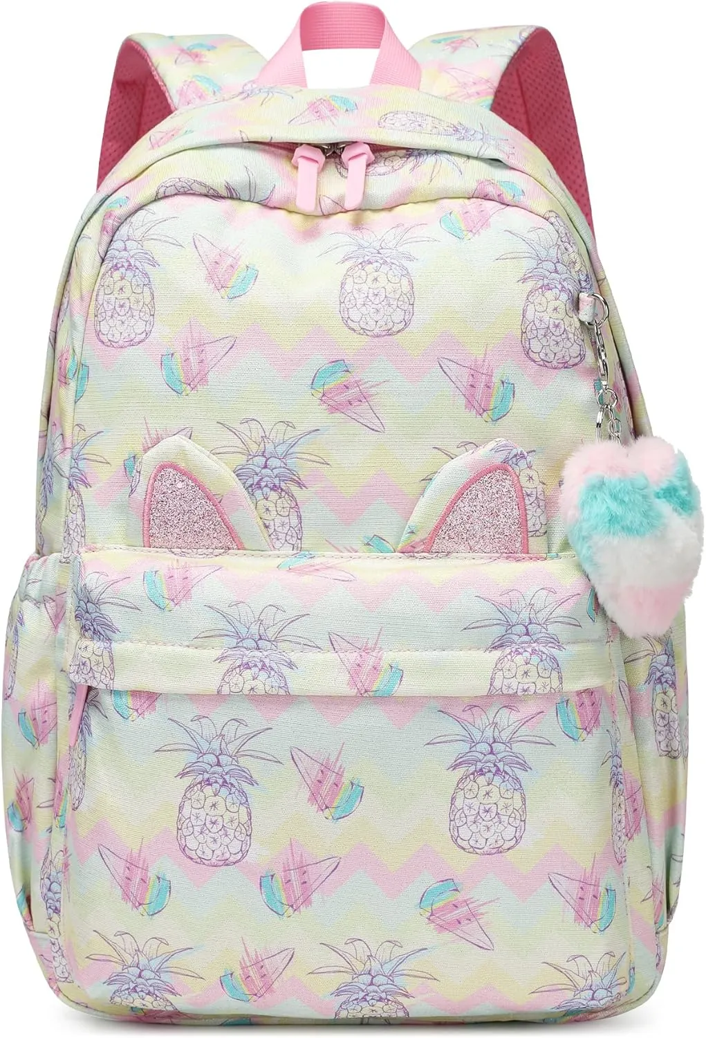 30L Waterproof Large Capacity School Backpack for 6-18 Years Girls & Boys Lightweight Durable Travel Bookbag with Cat Ear & Heart Keychain,Teens to College Backpack for Daily Use(Yellow Pink)