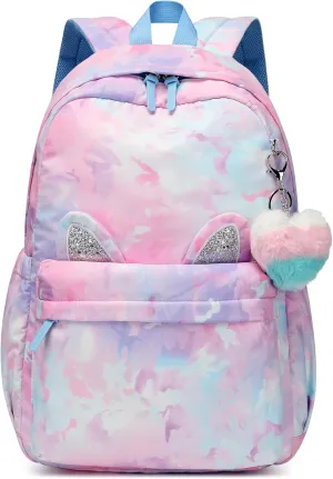 30L Waterproof Large Capacity School Backpack for 6-18 Years Girls & Boys,Lightweight Durable Travel Bookbag with Cat Ear & Heart Keychain,Teens College Daily Use Kids Backpack (Blue)