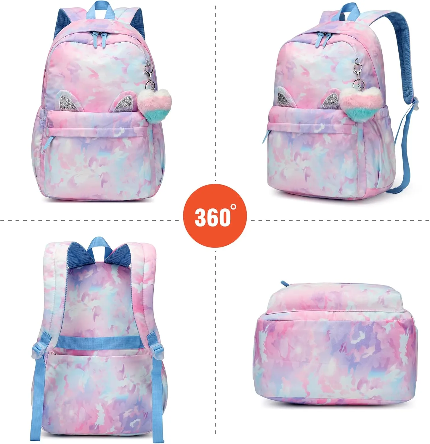 30L Waterproof Large Capacity School Backpack for 6-18 Years Girls & Boys,Lightweight Durable Travel Bookbag with Cat Ear & Heart Keychain,Teens College Daily Use Kids Backpack (Blue)