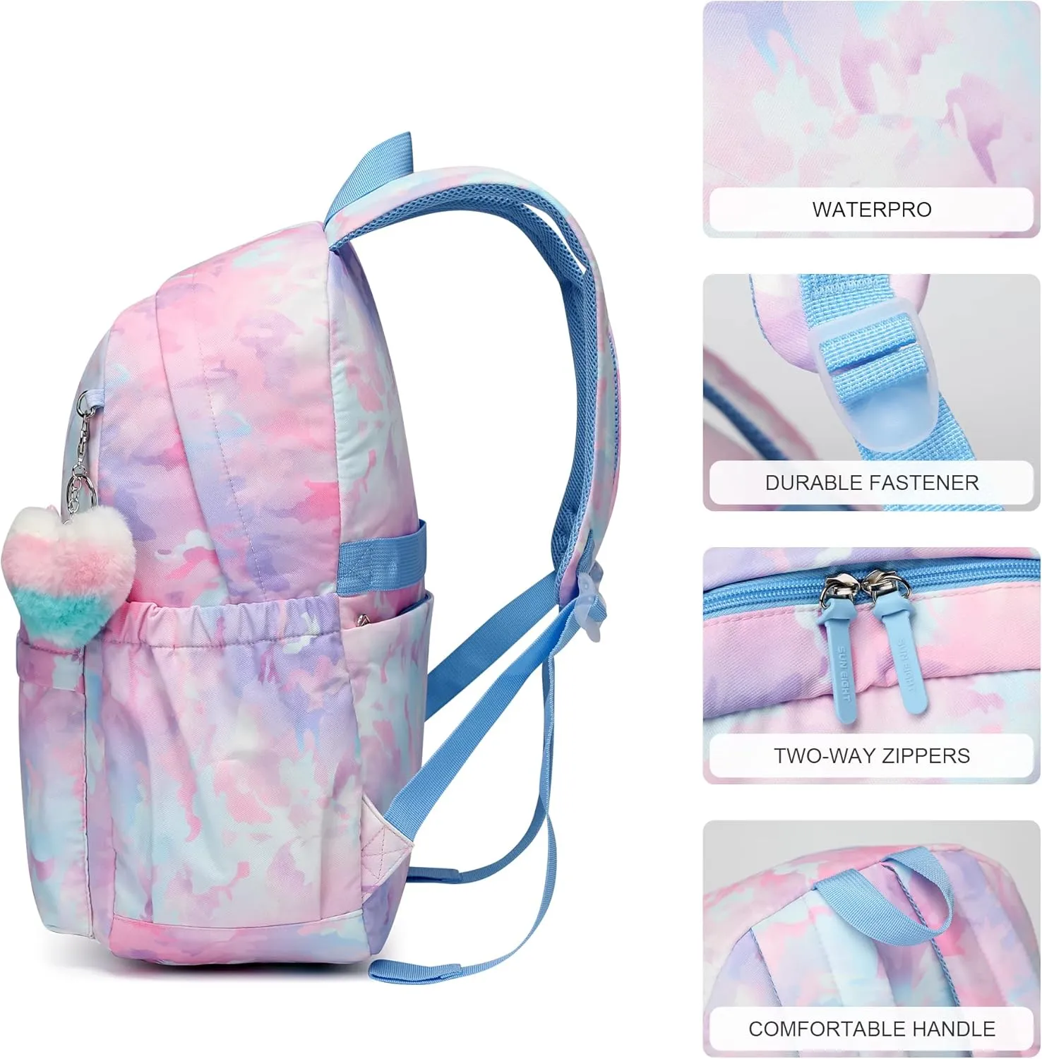 30L Waterproof Large Capacity School Backpack for 6-18 Years Girls & Boys,Lightweight Durable Travel Bookbag with Cat Ear & Heart Keychain,Teens College Daily Use Kids Backpack (Blue)