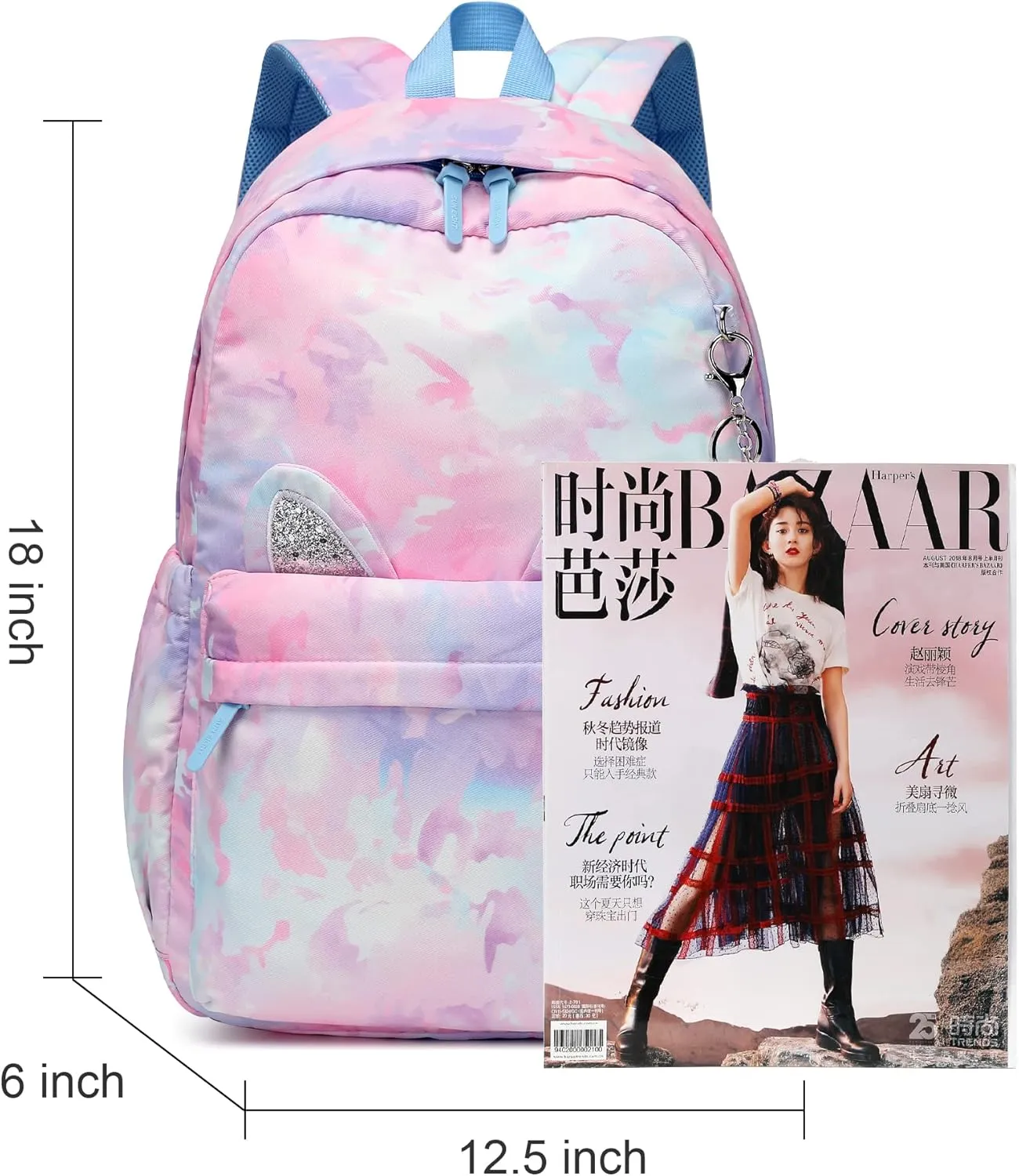 30L Waterproof Large Capacity School Backpack for 6-18 Years Girls & Boys,Lightweight Durable Travel Bookbag with Cat Ear & Heart Keychain,Teens College Daily Use Kids Backpack (Blue)