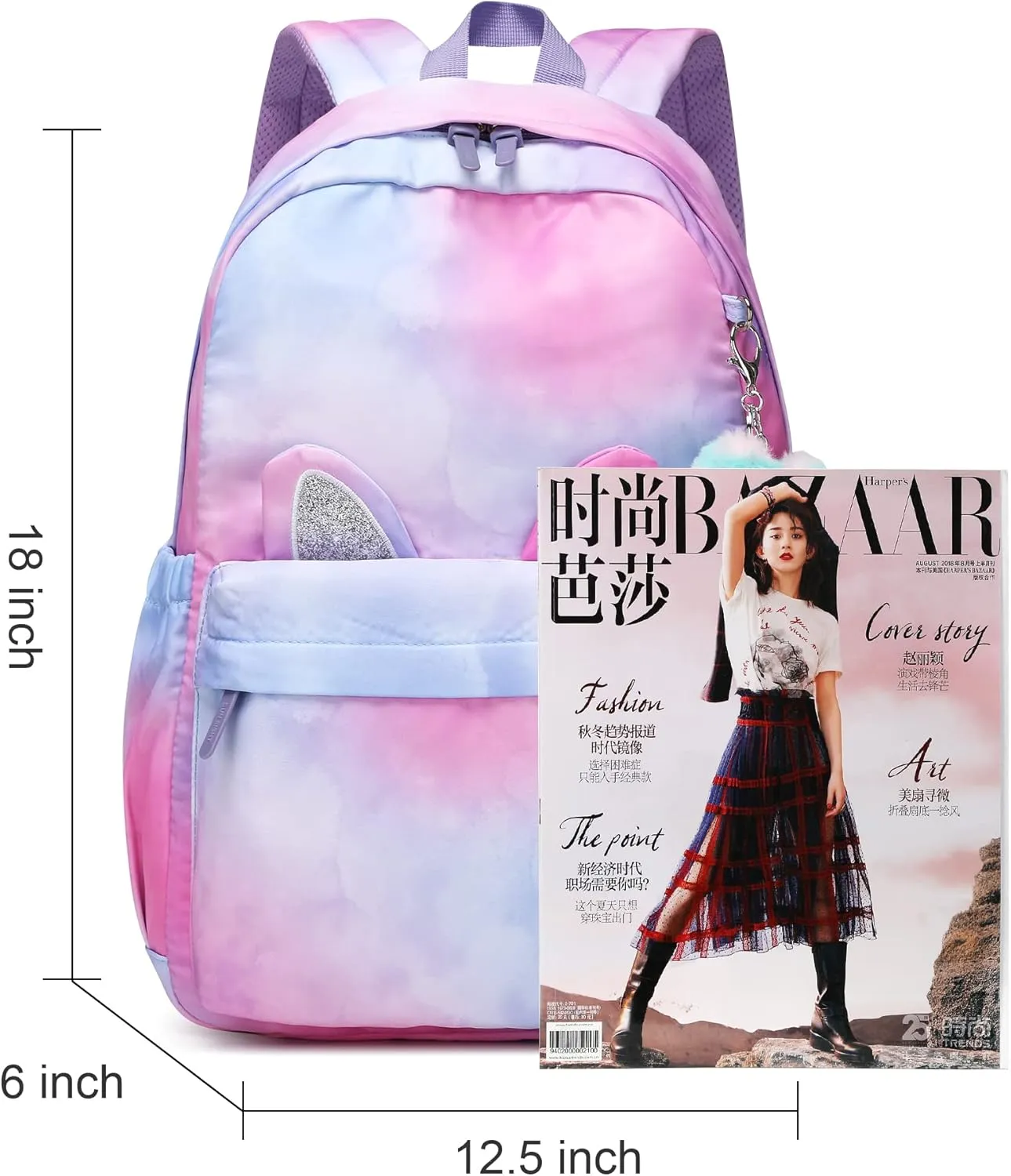 30L Waterproof Large Capacity School Backpack for 6-18 Years Girls & Boys,Lightweight Durable Travel Bookbag with Cat Ear & Heart Keychain,Teens College Daily Use Kids Backpack(Purple)