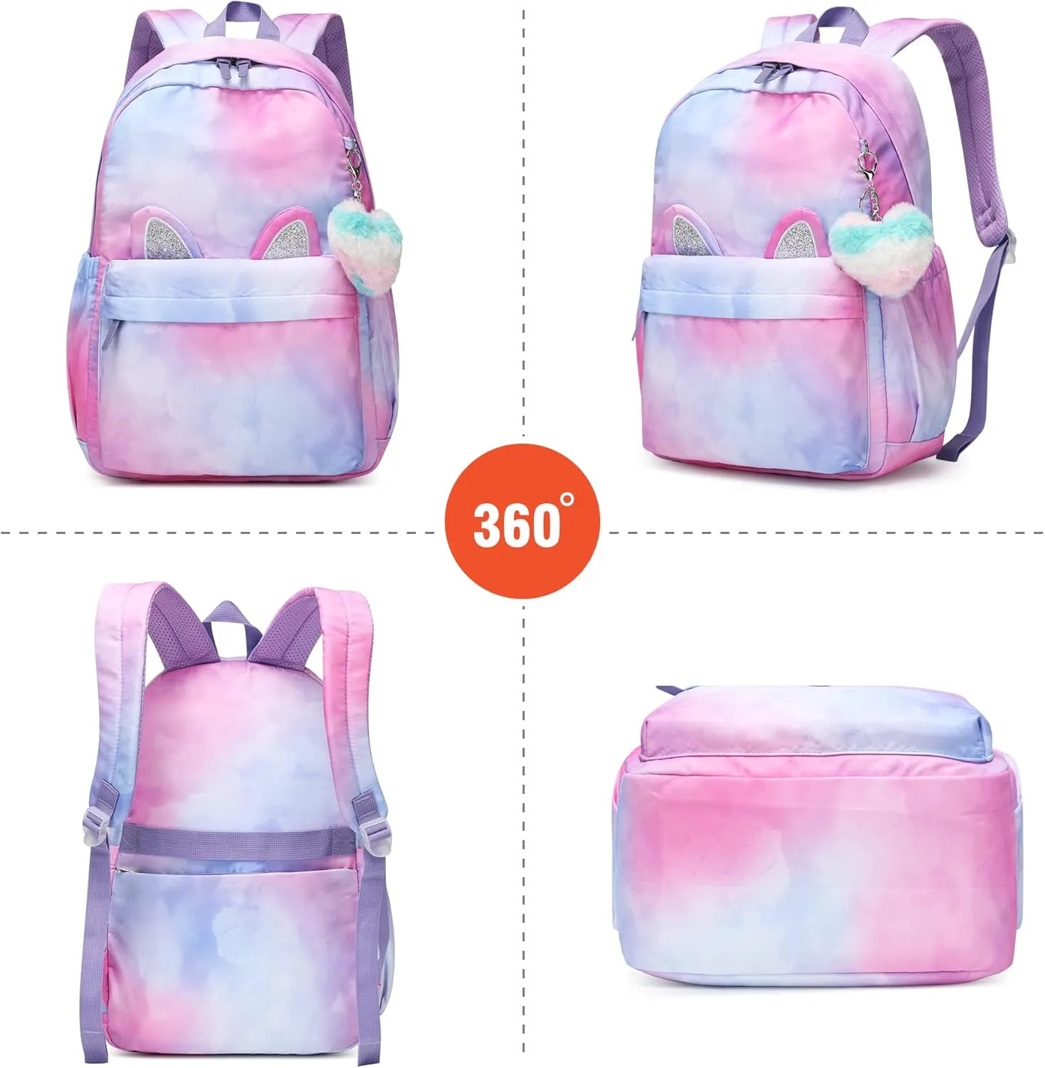 30L Waterproof Large Capacity School Backpack for 6-18 Years Girls & Boys,Lightweight Durable Travel Bookbag with Cat Ear & Heart Keychain,Teens College Daily Use Kids Backpack(Purple)