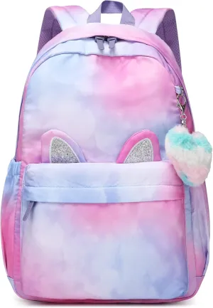 30L Waterproof Large Capacity School Backpack for 6-18 Years Girls & Boys,Lightweight Durable Travel Bookbag with Cat Ear & Heart Keychain,Teens College Daily Use Kids Backpack(Purple)