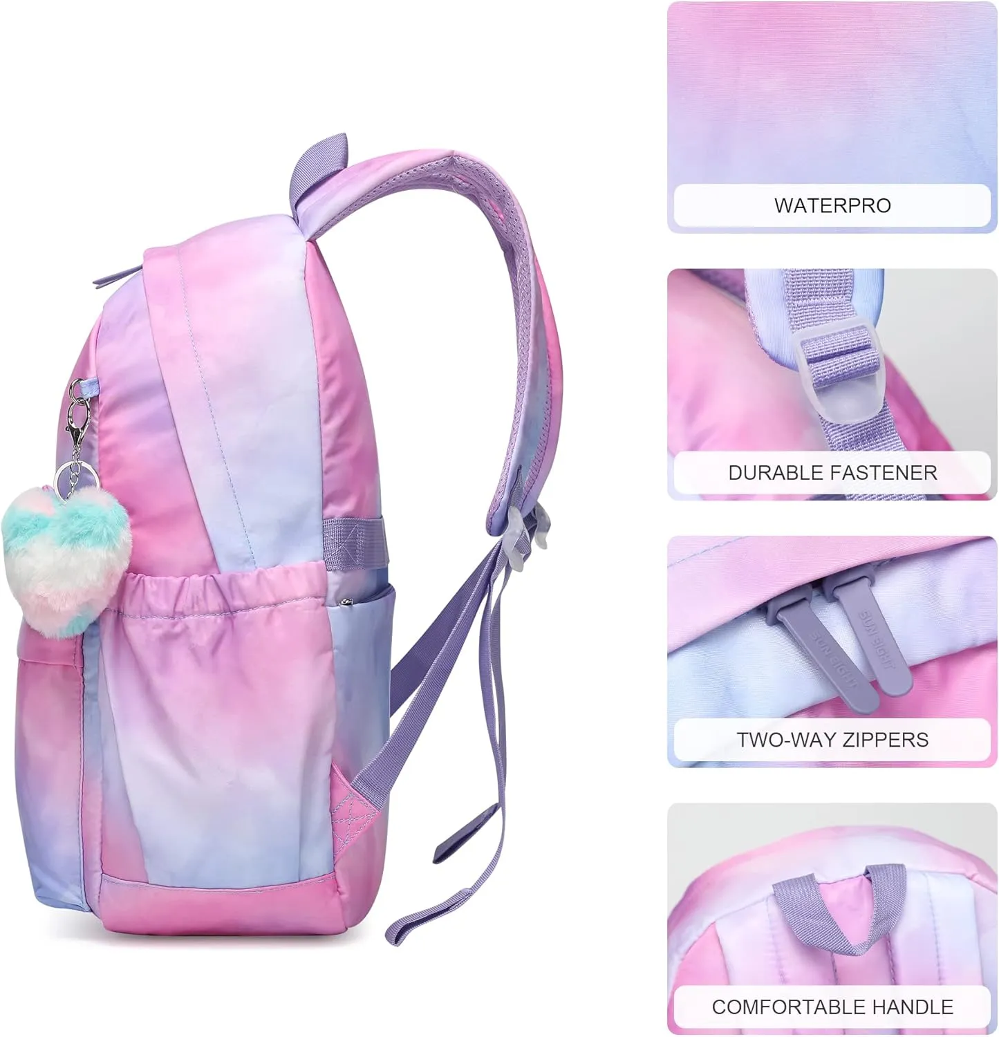 30L Waterproof Large Capacity School Backpack for 6-18 Years Girls & Boys,Lightweight Durable Travel Bookbag with Cat Ear & Heart Keychain,Teens College Daily Use Kids Backpack(Purple)