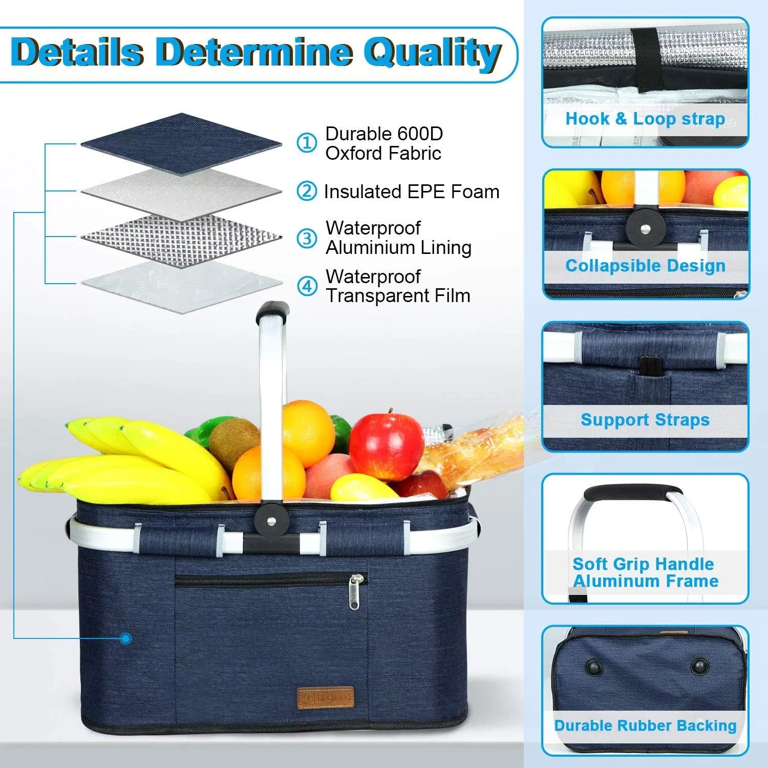 35L Picnic Basket 2 Layers of Internal Pockets Leak-Proof and Insulated Folding, Internal Support Does Not Collapse for Women