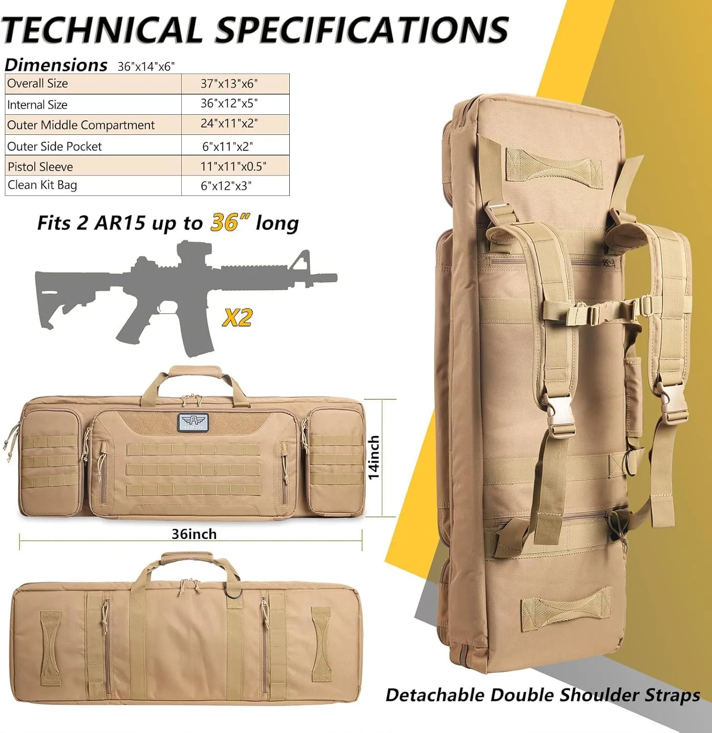 36" 42" 48" Double Long Gun Bag Nylon 1000D Soft Case Backpack Rifle Shotgun Pistol Transportation for Hunting Shooting Range, Firearm Transportation with Lockable Zipper and Molle System
