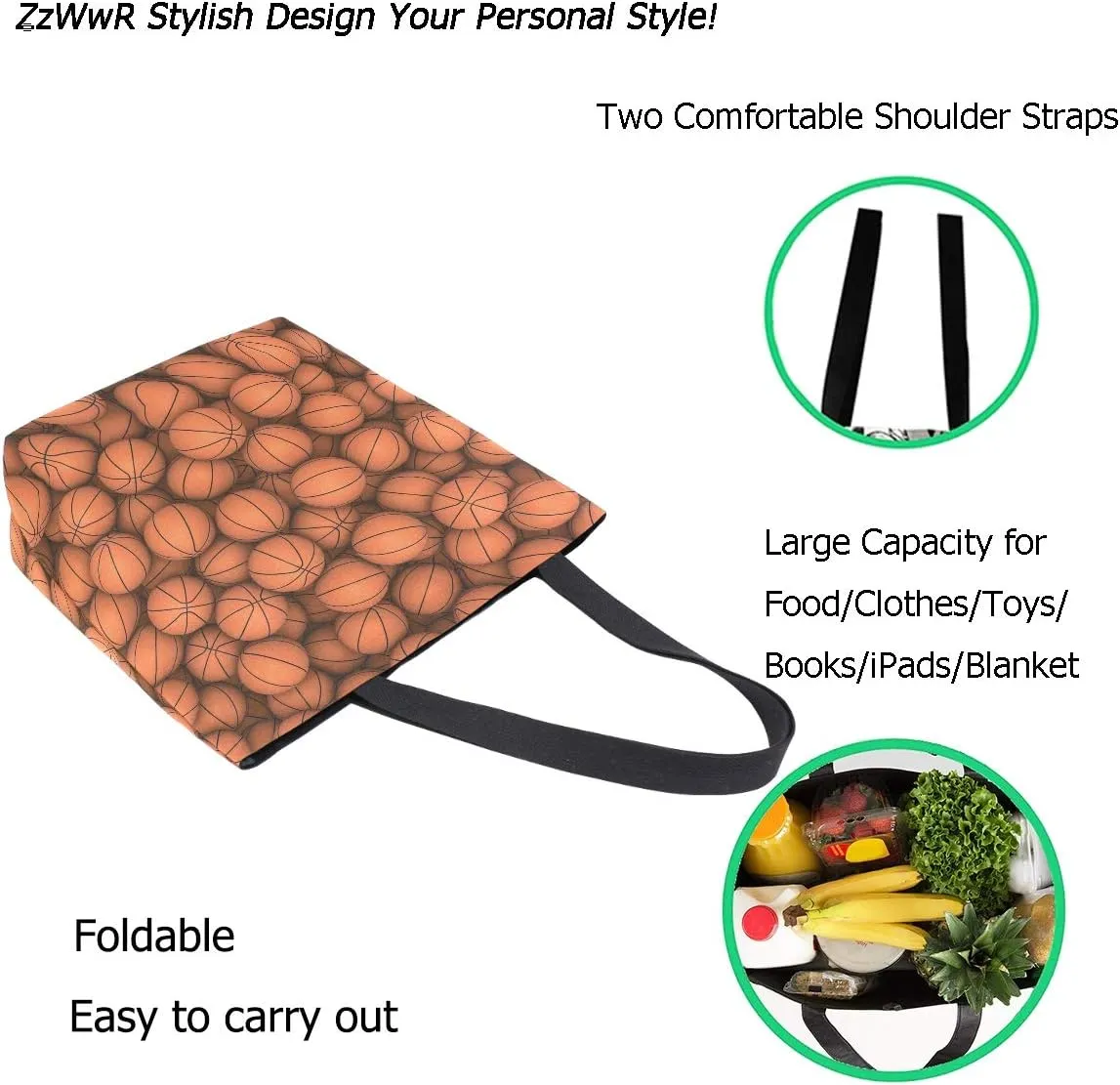 3D Stylish Basketballs Printed Extra Large Canvas Market Beach Travel Reusable Grocery Shopping Tote Bag Portable Storage HandBags