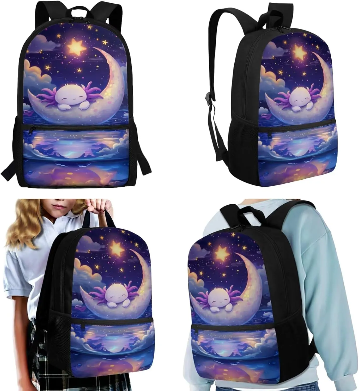 3PCS Axolotl Backpack and Lunch Box Set 17'' Kids Preschool Bookbag with Lunch Box, Cute Water Resistant School Bag Set for Elementary Kindergarten Toddler