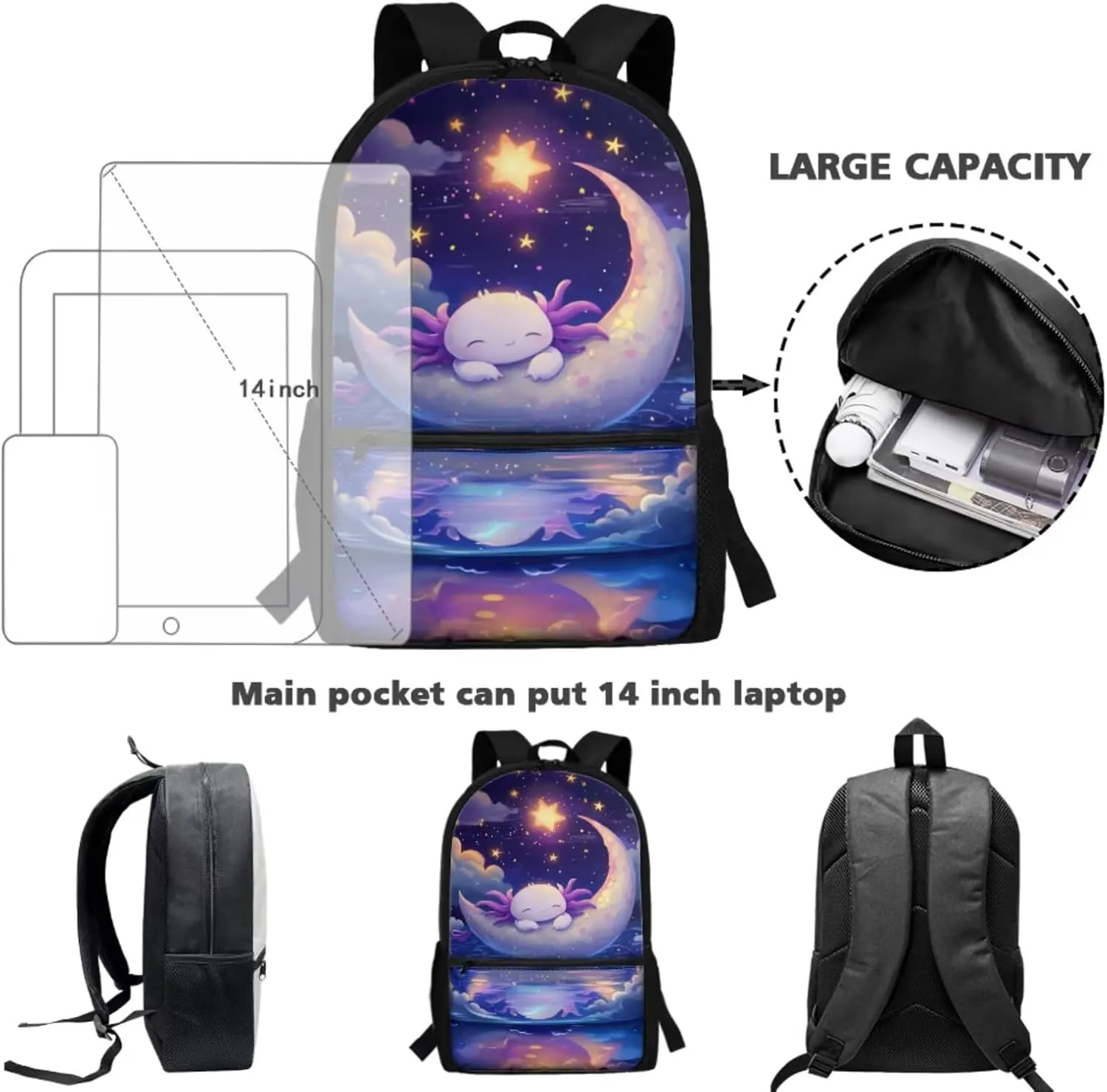 3PCS Axolotl Backpack and Lunch Box Set 17'' Kids Preschool Bookbag with Lunch Box, Cute Water Resistant School Bag Set for Elementary Kindergarten Toddler