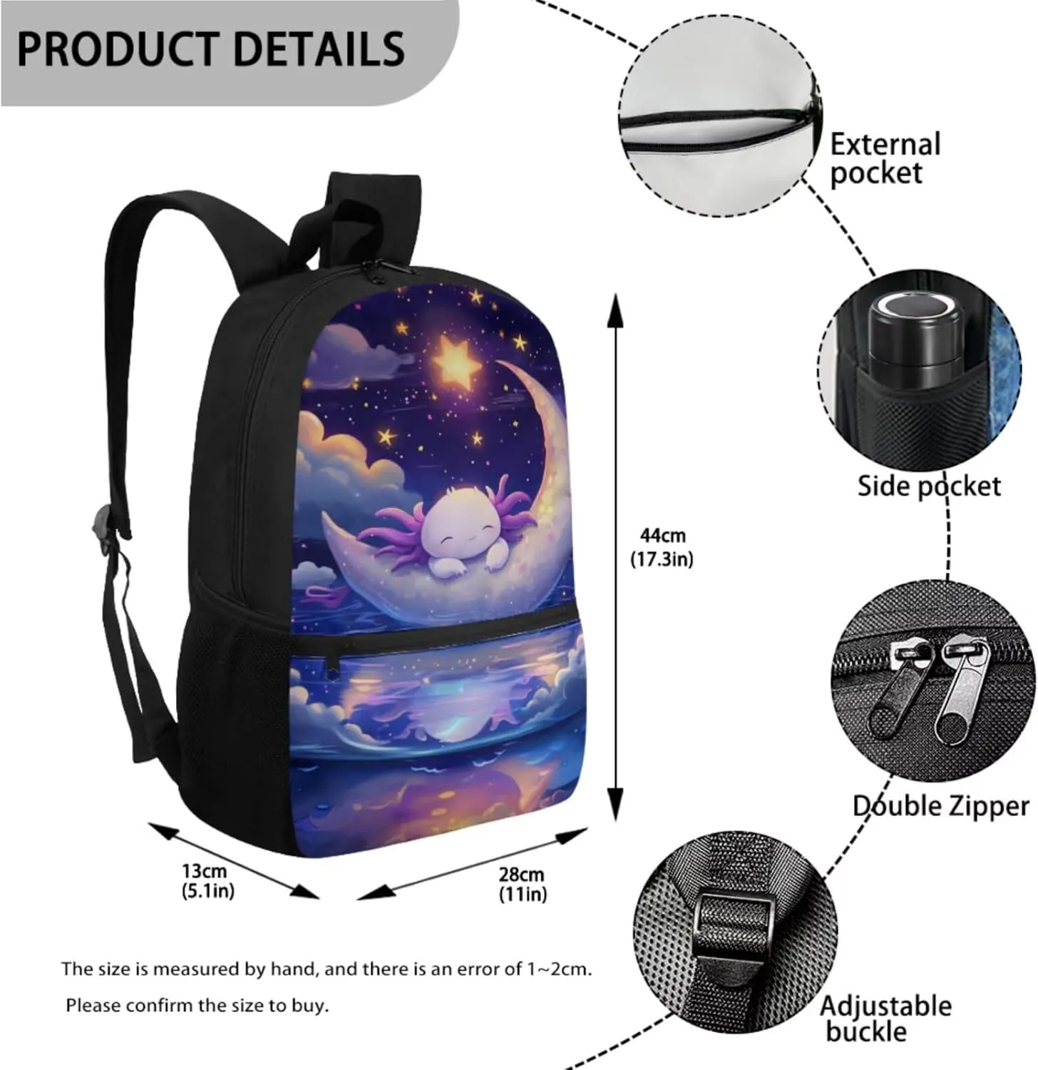 3PCS Axolotl Backpack and Lunch Box Set 17'' Kids Preschool Bookbag with Lunch Box, Cute Water Resistant School Bag Set for Elementary Kindergarten Toddler