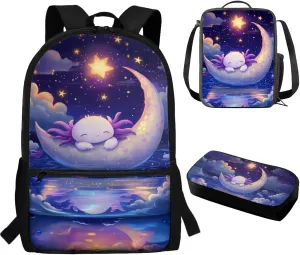 3PCS Axolotl Backpack and Lunch Box Set 17'' Kids Preschool Bookbag with Lunch Box, Cute Water Resistant School Bag Set for Elementary Kindergarten Toddler