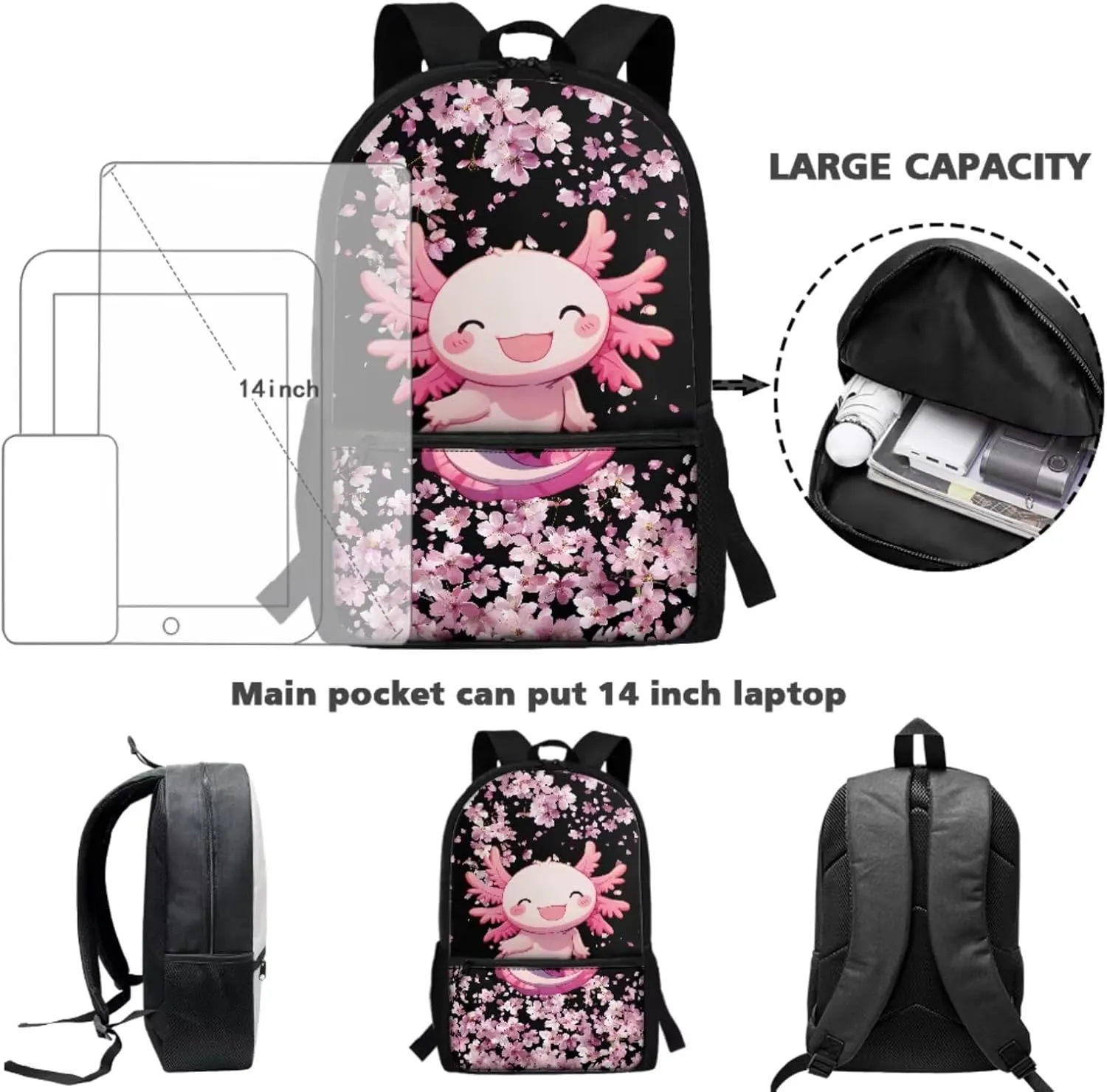 3PCS Axolotl Backpack with Lunch Box Pink Cherry School Bags for Girls 17'' Kids Preschool Bookbag with Lunchbox Cute Water Resistant School Bag Set for Elementary Kindergarten Toddler