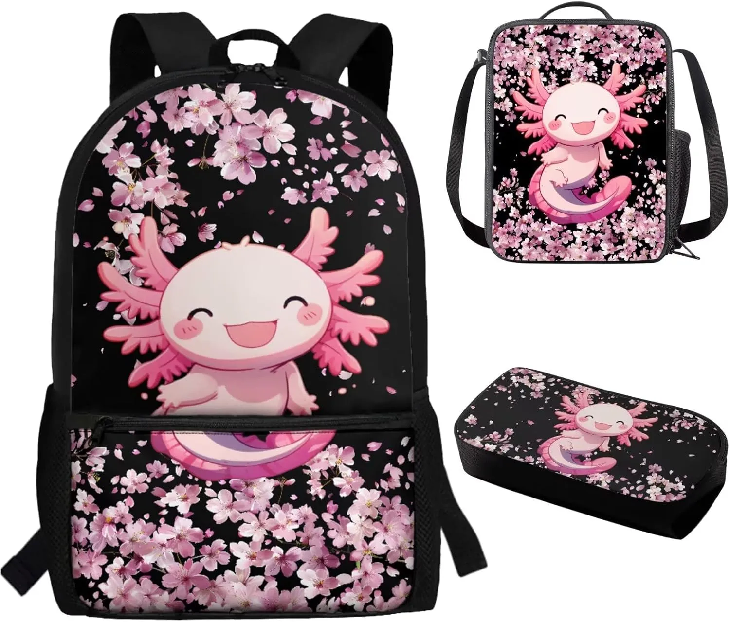 3PCS Axolotl Backpack with Lunch Box Pink Cherry School Bags for Girls 17'' Kids Preschool Bookbag with Lunchbox Cute Water Resistant School Bag Set for Elementary Kindergarten Toddler
