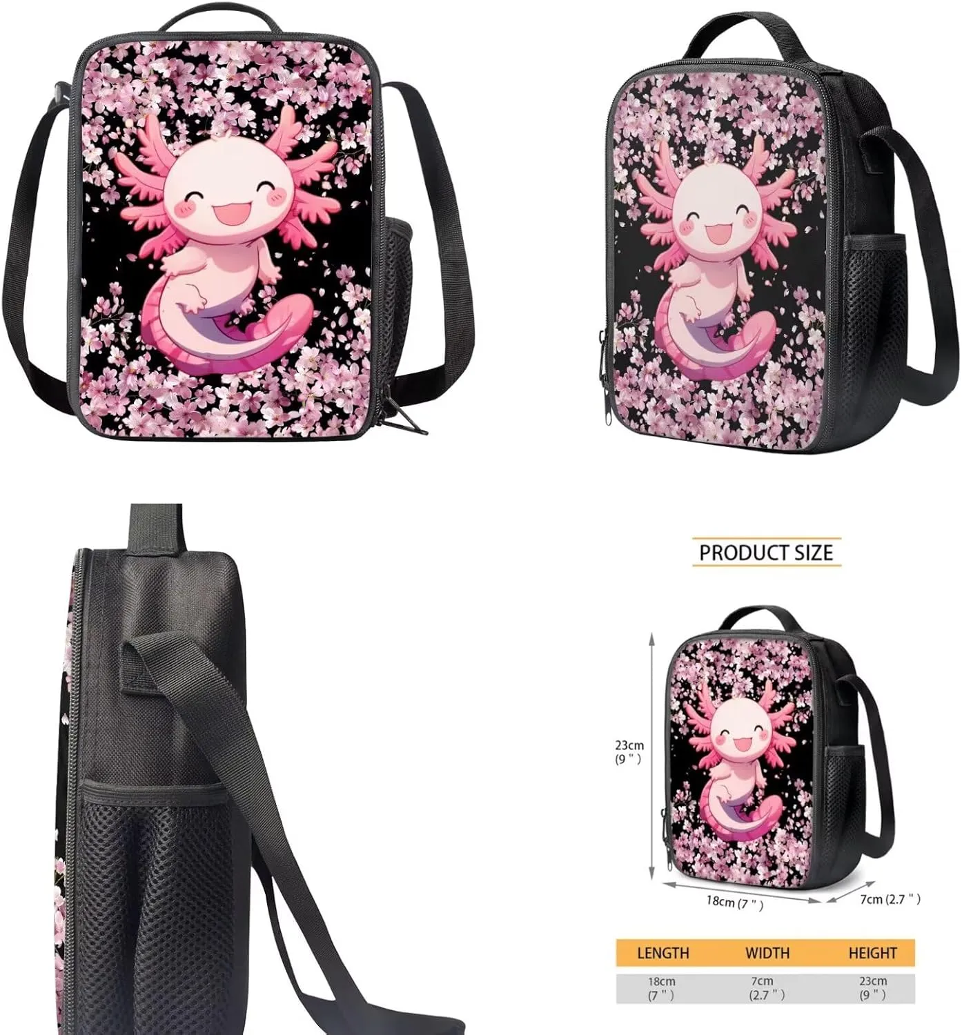 3PCS Axolotl Backpack with Lunch Box Pink Cherry School Bags for Girls 17'' Kids Preschool Bookbag with Lunchbox Cute Water Resistant School Bag Set for Elementary Kindergarten Toddler