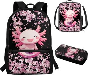 3PCS Axolotl Backpack with Lunch Box Pink Cherry School Bags for Girls 17'' Kids Preschool Bookbag with Lunchbox Cute Water Resistant School Bag Set for Elementary Kindergarten Toddler