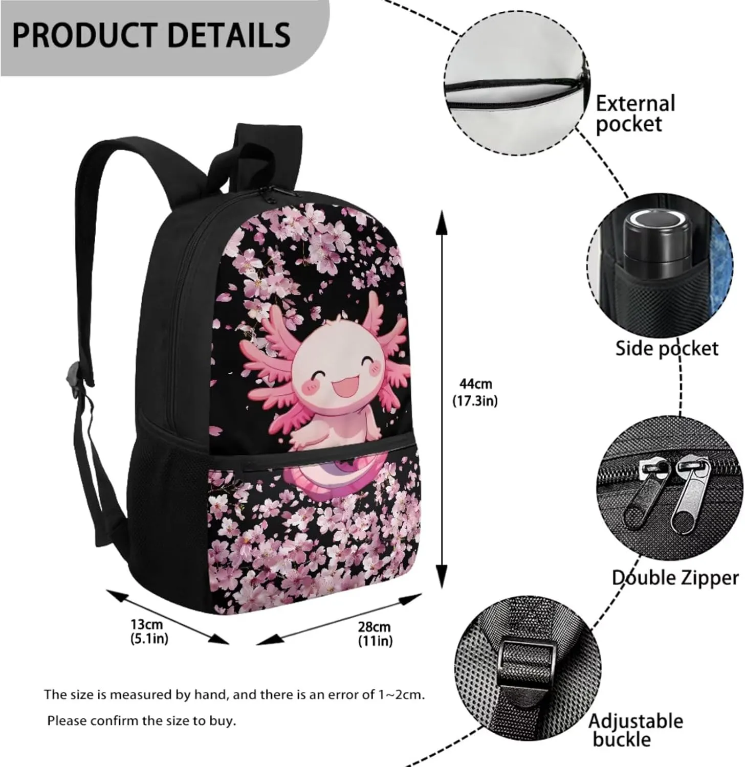 3PCS Axolotl Backpack with Lunch Box Pink Cherry School Bags for Girls 17'' Kids Preschool Bookbag with Lunchbox Cute Water Resistant School Bag Set for Elementary Kindergarten Toddler