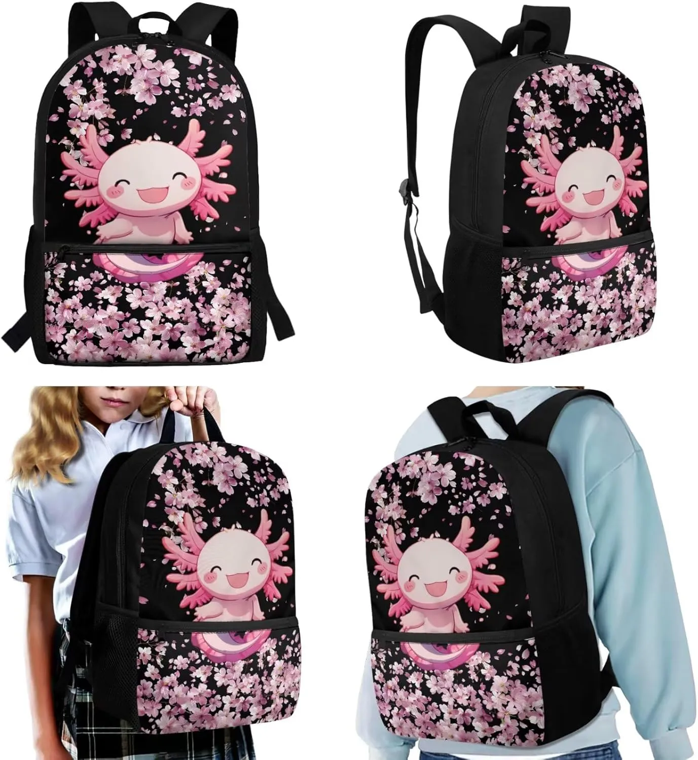 3PCS Axolotl Backpack with Lunch Box Pink Cherry School Bags for Girls 17'' Kids Preschool Bookbag with Lunchbox Cute Water Resistant School Bag Set for Elementary Kindergarten Toddler