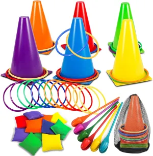 4 in 1 Carnival Games Set,36 PCS Outdoor Carnival Games Combo Set,Soft Plastic Cones Bean Bags Egg and Spoon Ring Toss Games, Kids Adults Birthday Party Lawn Game Indoor Outdoor Games
