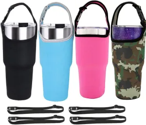 4 Pack Tumbler Carrier Holder with Shoulder Strap,for 30oz Travel Insulated Tumbler Coffee Cup,Water Bottle Carrier with Strap Portable Neoprene Sleeve Water Bottles Cup Carrier Pouch