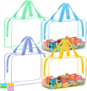 4 Packs Extra Large Toy Storage Bags with Zipper, Reusable Clear Plastic Toy Organizer Bag with Labels for Blocks, 11.8″×8.6″×3.9″ Travel Waterproof Organizer Bags for Puzzles, Cosmetics(4 Colors)