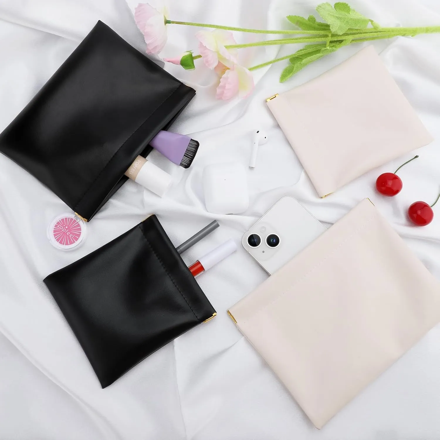 4 PCS Ladies Small Makeup Bag for Purse,Small Makeup Pouch Purse,Mini Cosmetic Bag for Travel,Pouchic Snap Closure Pouches,Portable Travel Pouch with Quick Access Design,Stylish,Durable(Black Cream)