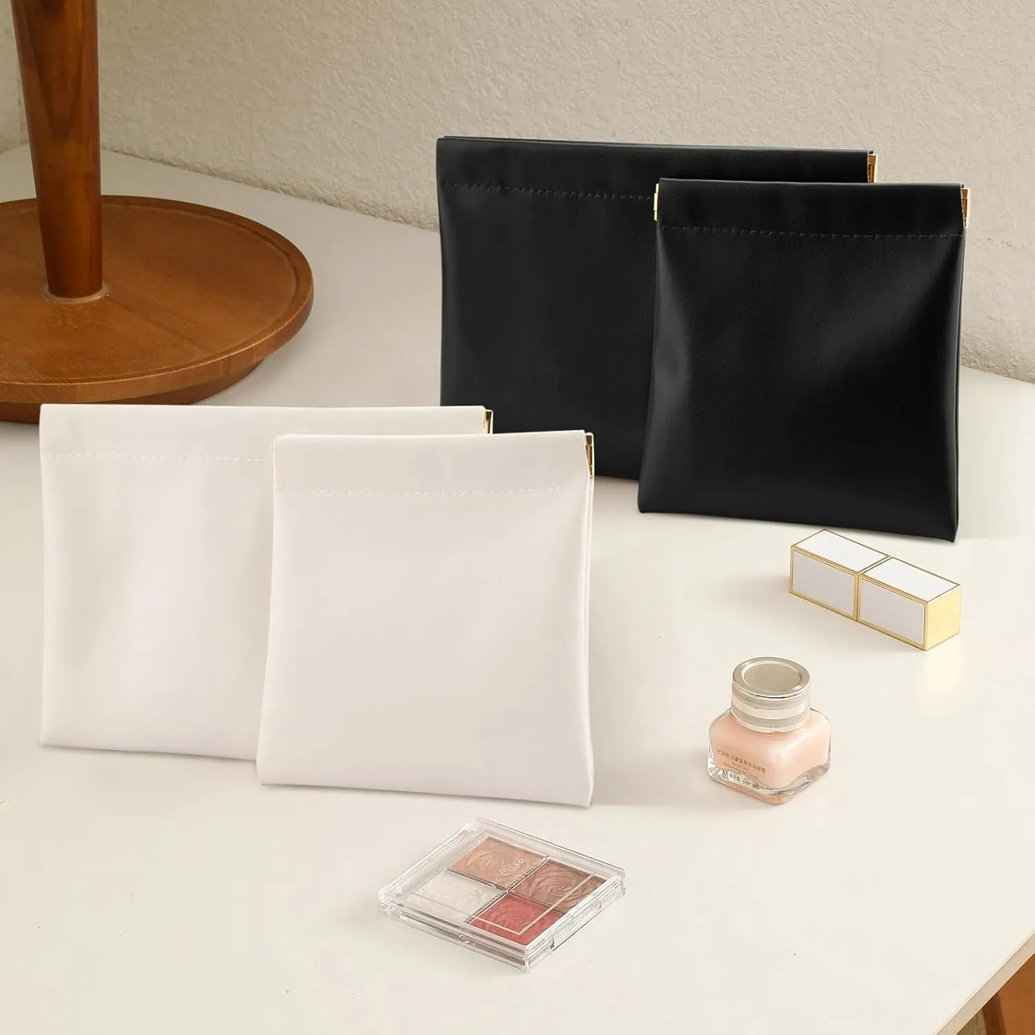 4 PCS Ladies Small Makeup Bag for Purse,Small Makeup Pouch Purse,Mini Cosmetic Bag for Travel,Pouchic Snap Closure Pouches,Portable Travel Pouch with Quick Access Design,Stylish,Durable(Black Cream)