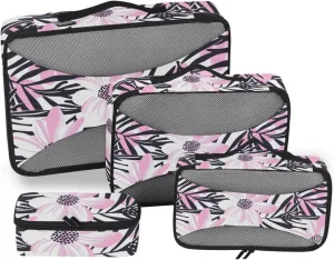 4 Pcs set organizer for closet Mesh Travel Essentials Floral Pink Black portable packing bags