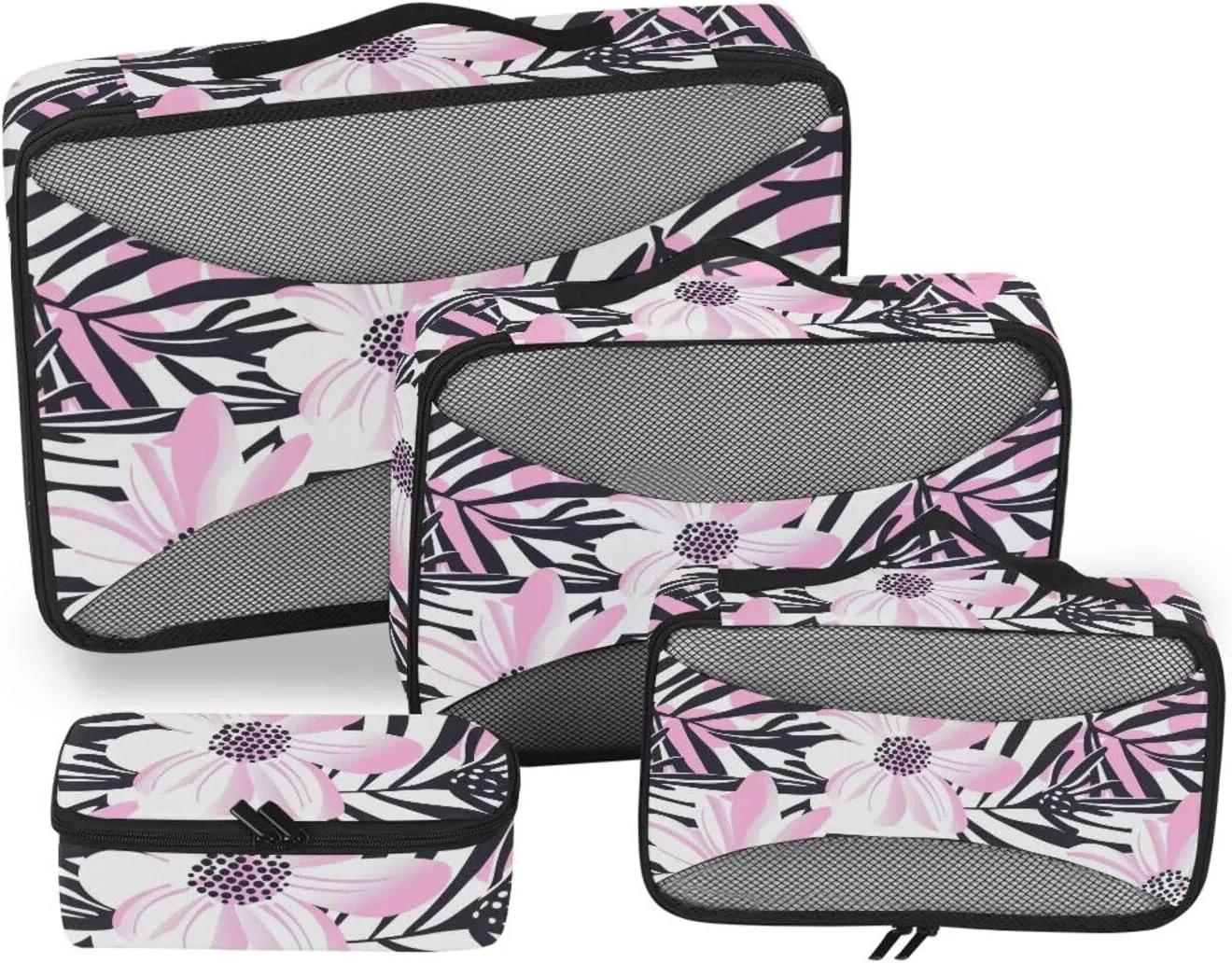 4 Pcs set organizer for closet Mesh Travel Essentials Floral Pink Black portable packing bags