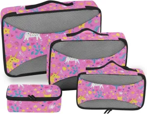 4 Pcs set organizer for luggage Mesh Travel Essentials Rainbow Color Cute unicorns expandable packing bags