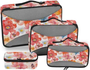 4 Pcs set organizers for travel Mesh Travel Essentials Peach Petal Pastel Flowers lightweight bags for packing
