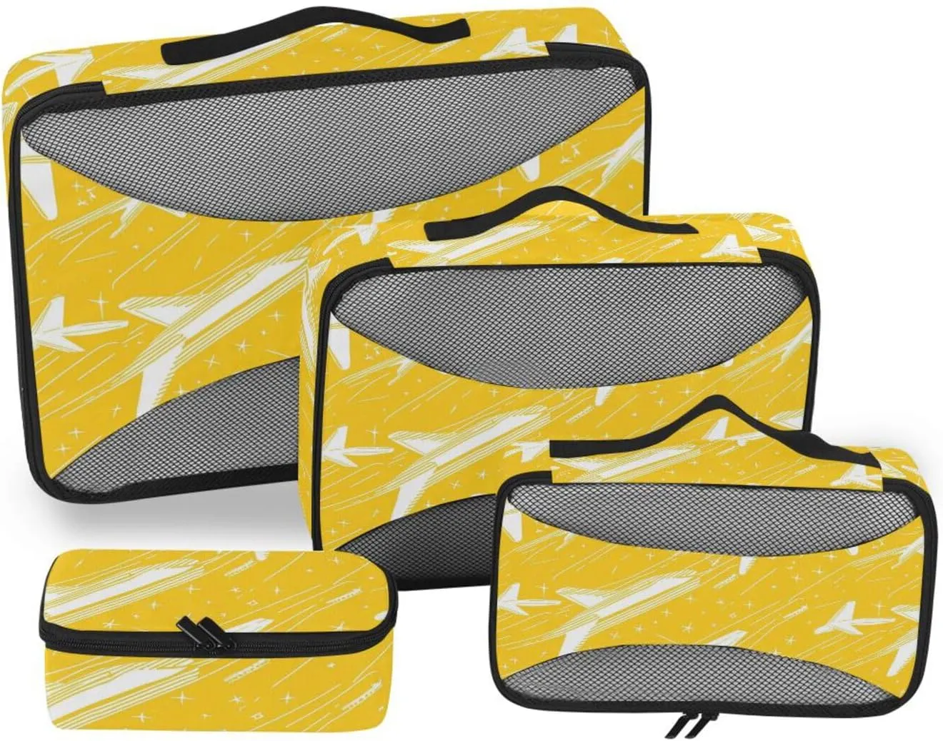 4 Pcs set organizers for travel Mesh Travel Essentials Yellow Abstraction Planes lightweight packing bags