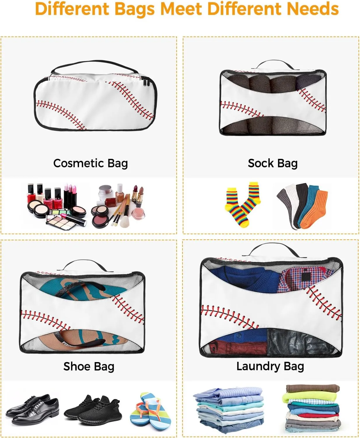 4 Set Packing Cubes - Baseball Packing Cubes for Carry on Suitcase Lightweight Travel Essential Bag for Clothes Shoes Cosmetics Toiletry