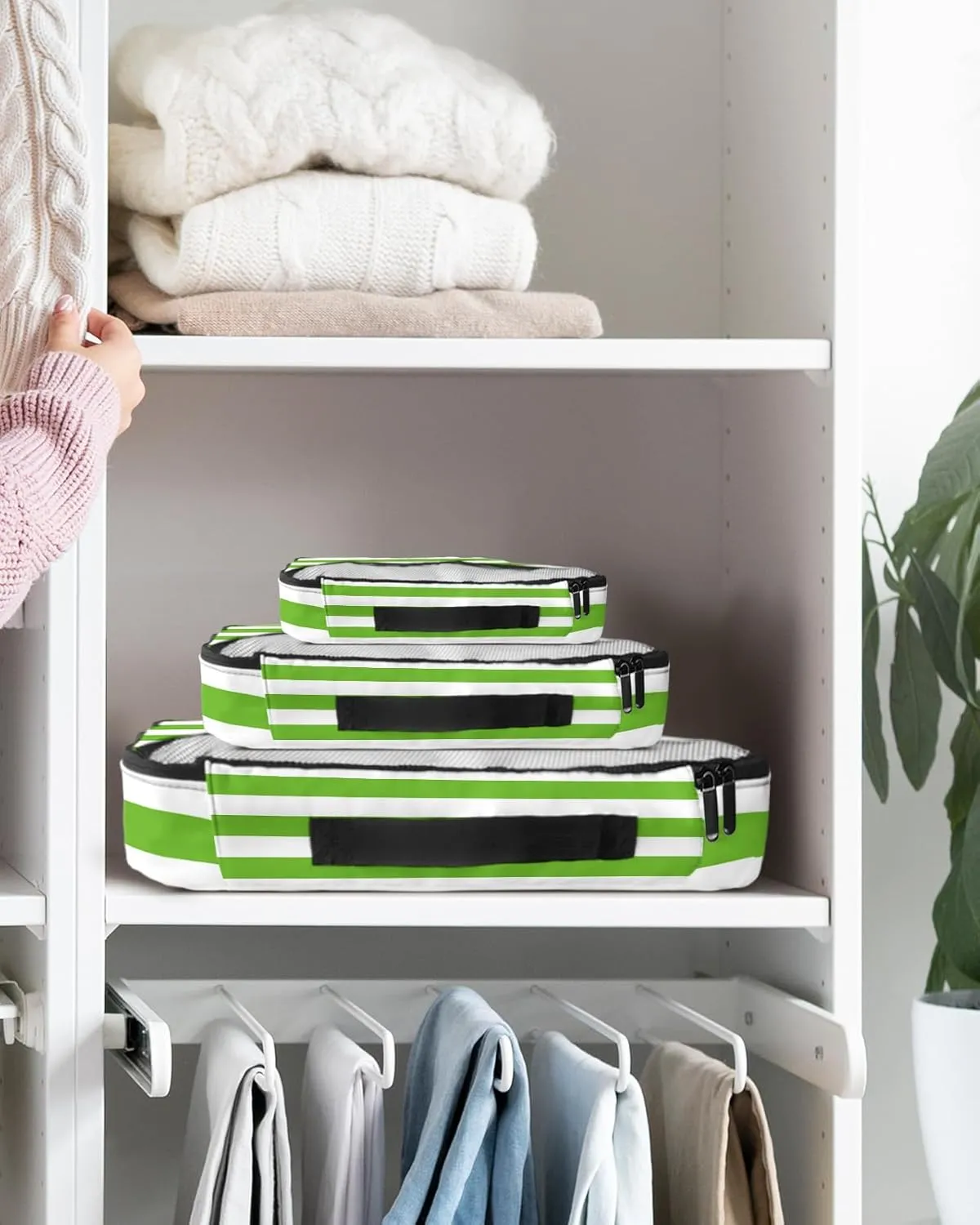4 Set Packing Cubes - Modern Green Stripes Packing Cubes for Carry on Suitcase Lightweight Travel Essential Bag for Clothes Shoes Cosmetics Toiletry