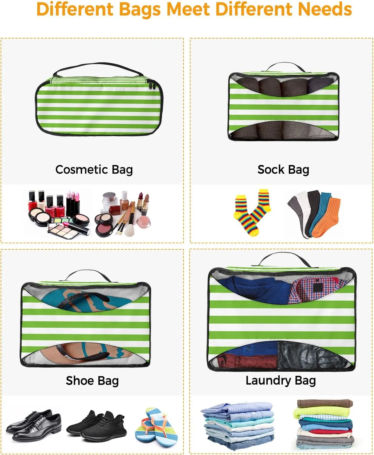 4 Set Packing Cubes - Modern Green Stripes Packing Cubes for Carry on Suitcase Lightweight Travel Essential Bag for Clothes Shoes Cosmetics Toiletry