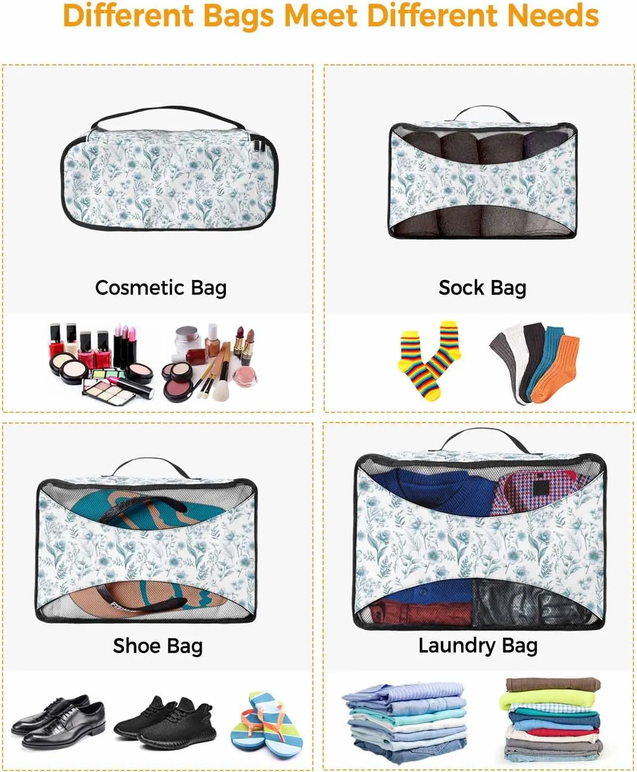 4 Set Packing Cubes - Spring Orchid Flowers Plants Green Packing Cubes for Carry on Suitcase Lightweight Travel Essential Bag for Clothes Shoes Cosmetics Toiletry