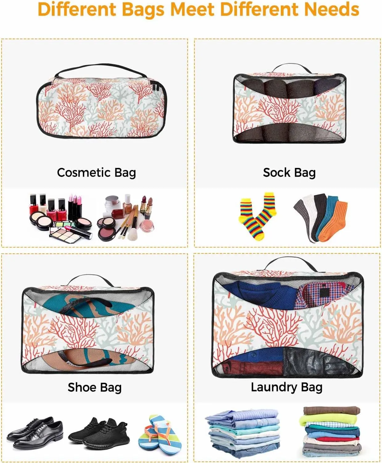 4 Set Packing Cubes - Summer Ocean Red Coral Packing Cubes for Carry on Suitcase Lightweight Travel Essential Bag for Clothes Shoes Cosmetics Toiletry
