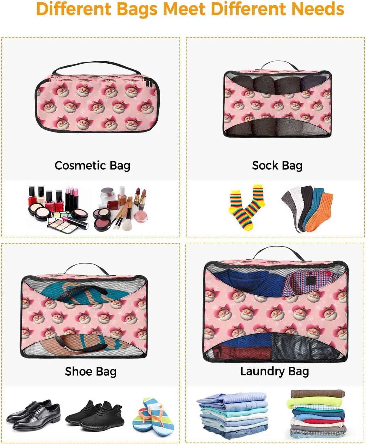 4 Set Packing Cubes, Winter Western Xmas Peach Santa Claus Cowboy Snowflake Pastoral Packing Cubes for Carry on Suitcase Travel Essential Bag for Clothes Shoes Cosmetics Toiletry