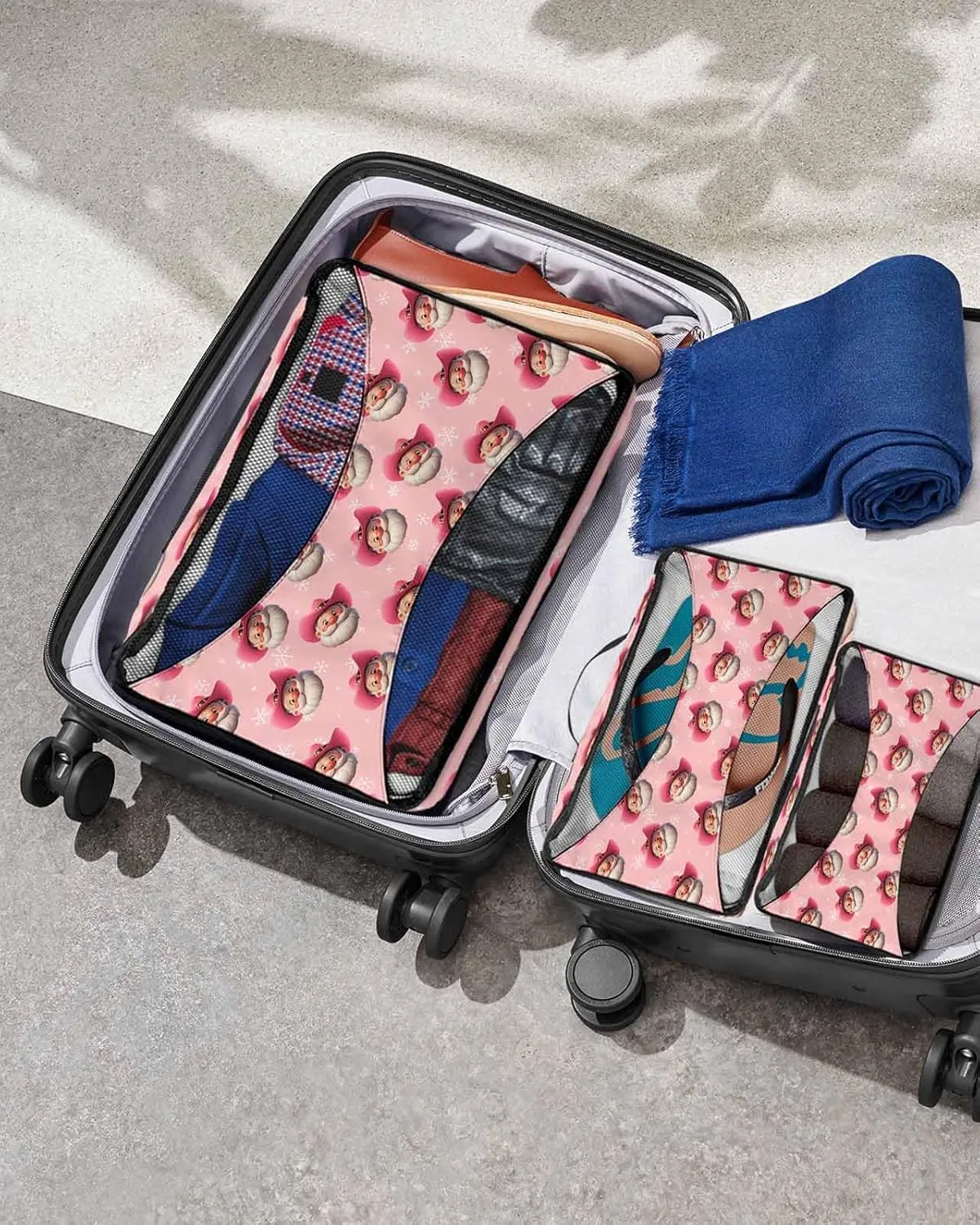 4 Set Packing Cubes, Winter Western Xmas Peach Santa Claus Cowboy Snowflake Pastoral Packing Cubes for Carry on Suitcase Travel Essential Bag for Clothes Shoes Cosmetics Toiletry