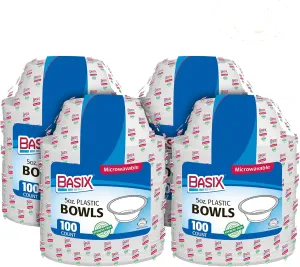 [400 Count] Basix Disposable 5 Oz White Plastic Dessert Bowls, Microwavable, Great For School, Take Out, Events, Home, Office, Wedding, Parties, Or Everyday Use, 4 Packs