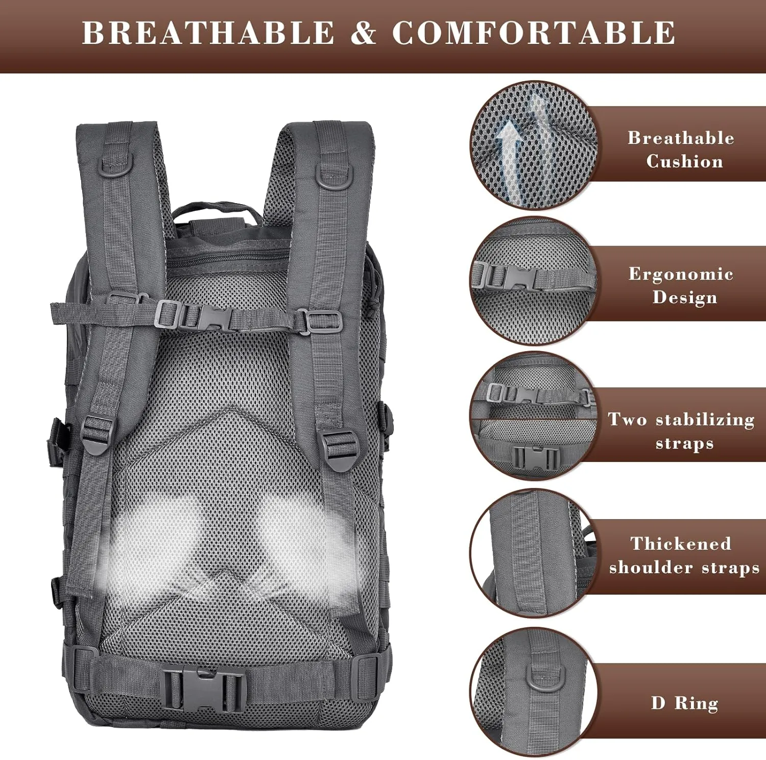 40L Military Tactical Backpack for Men, Tactical Laptop Backpack with Molle Waterproof, Army 3 Days Assault Pack & Bug Out Bag for Hiking (09-Gray)