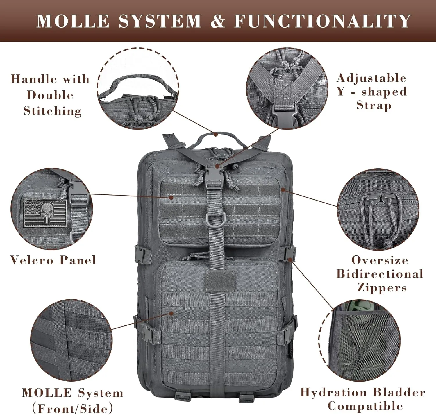 40L Military Tactical Backpack for Men, Tactical Laptop Backpack with Molle Waterproof, Army 3 Days Assault Pack & Bug Out Bag for Hiking (09-Gray)