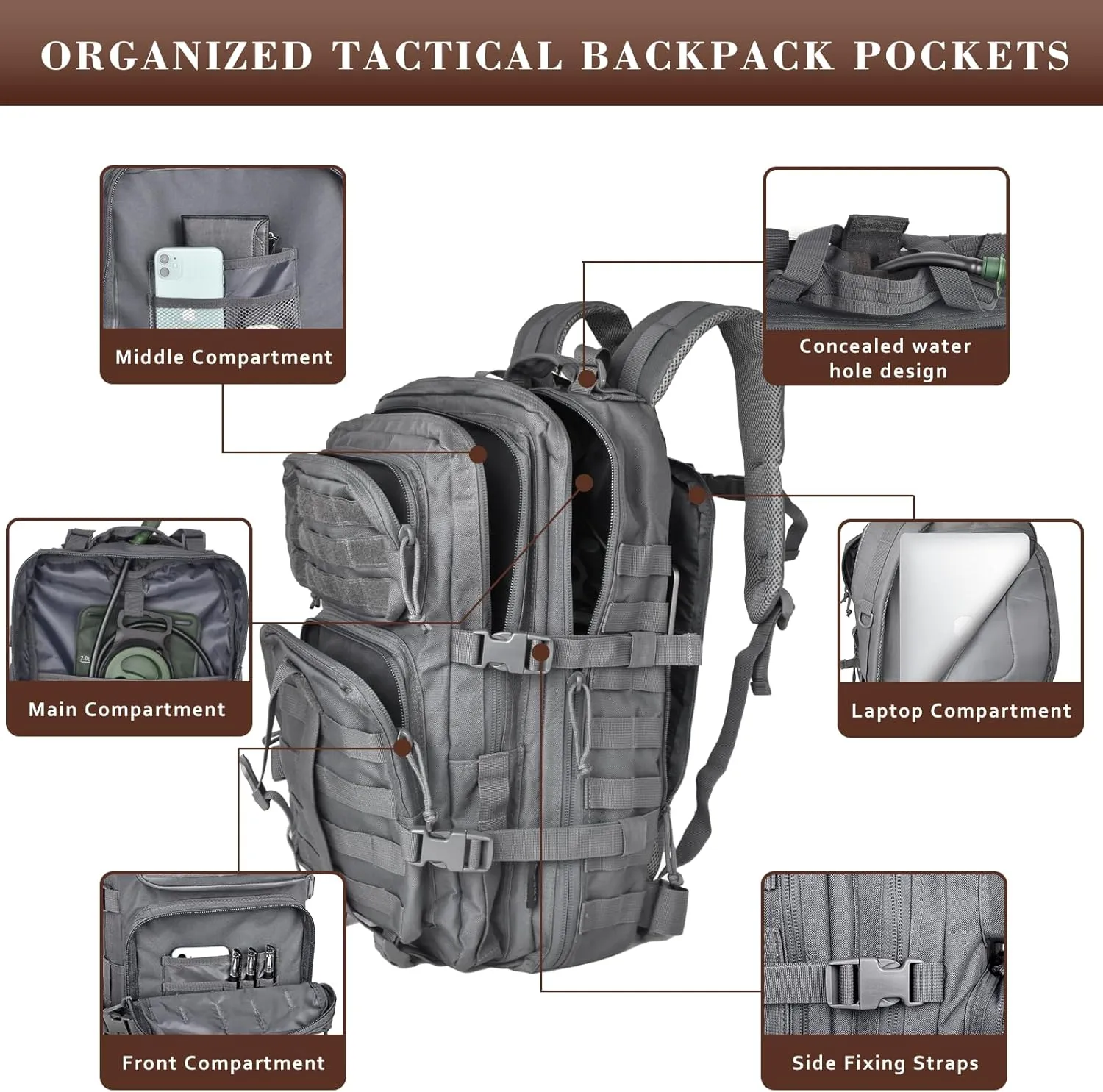 40L Military Tactical Backpack for Men, Tactical Laptop Backpack with Molle Waterproof, Army 3 Days Assault Pack & Bug Out Bag for Hiking (09-Gray)