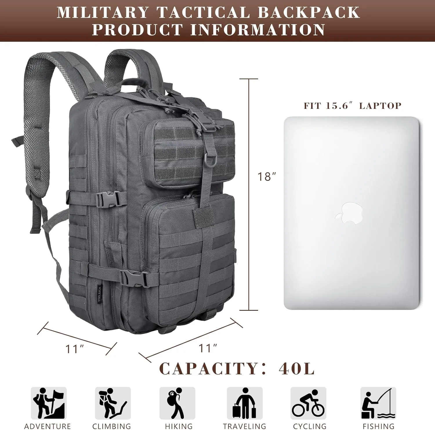 40L Military Tactical Backpack for Men, Tactical Laptop Backpack with Molle Waterproof, Army 3 Days Assault Pack & Bug Out Bag for Hiking (09-Gray)