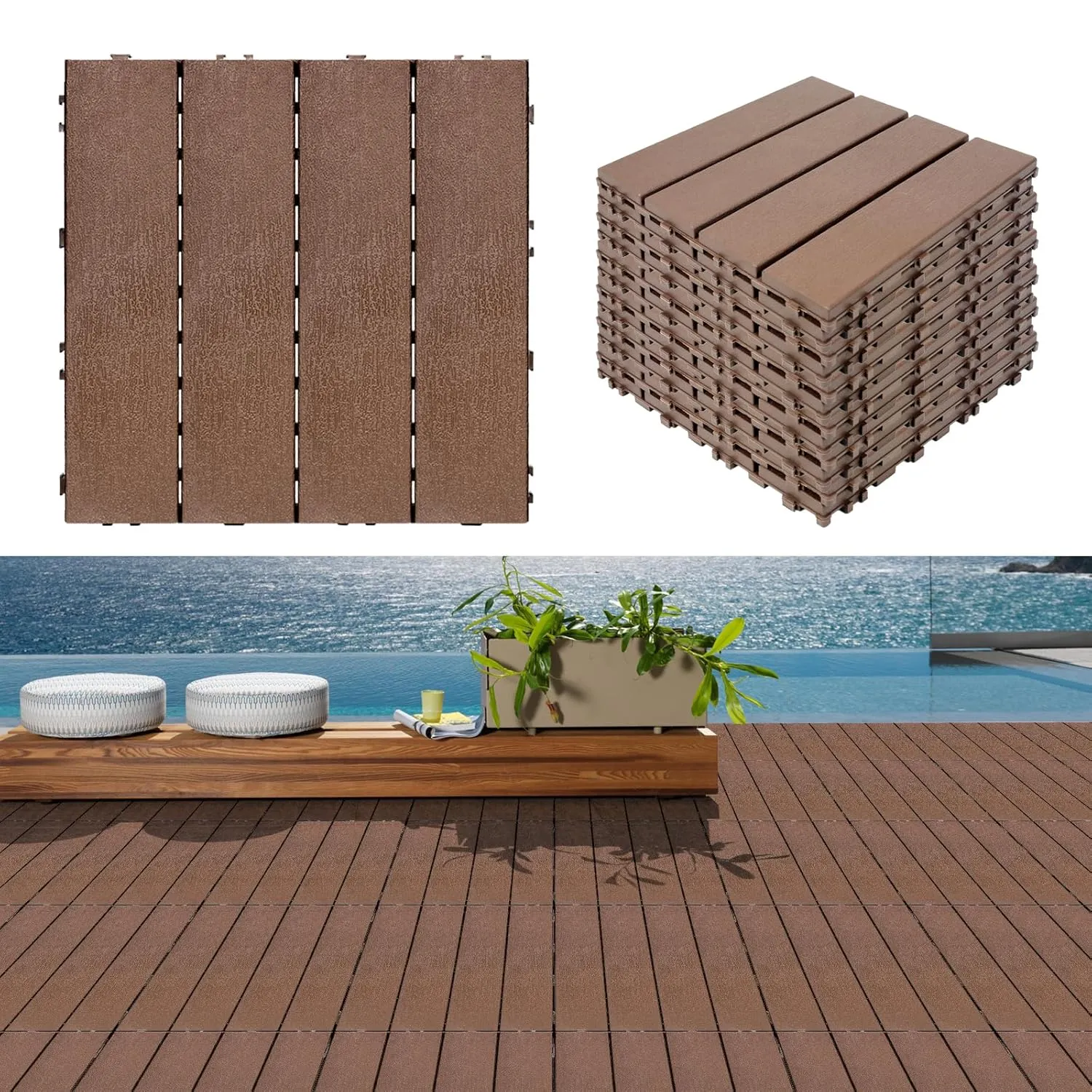 45 Pcs Plastic Interlocking Deck Tiles 12" x 12" Waterproof Patio Decking Tiles Indoor and Ourdoor Floor Tiles for Balcony Garden Porch Poolside Backyard (45 pcs, Brown)