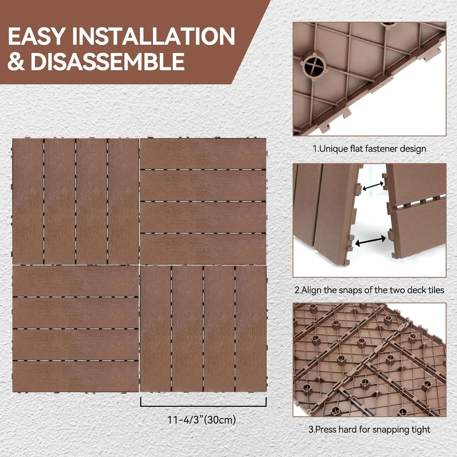 45 Pcs Plastic Interlocking Deck Tiles 12" x 12" Waterproof Patio Decking Tiles Indoor and Ourdoor Floor Tiles for Balcony Garden Porch Poolside Backyard (45 pcs, Brown)