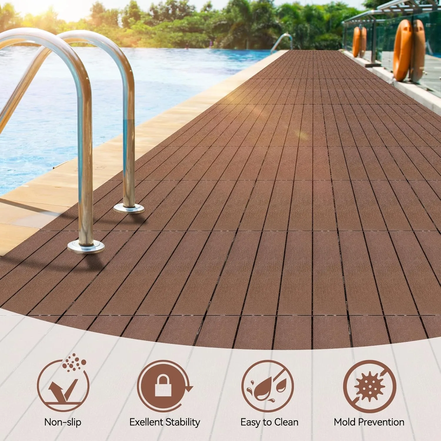 45 Pcs Plastic Interlocking Deck Tiles 12" x 12" Waterproof Patio Decking Tiles Indoor and Ourdoor Floor Tiles for Balcony Garden Porch Poolside Backyard (45 pcs, Brown)