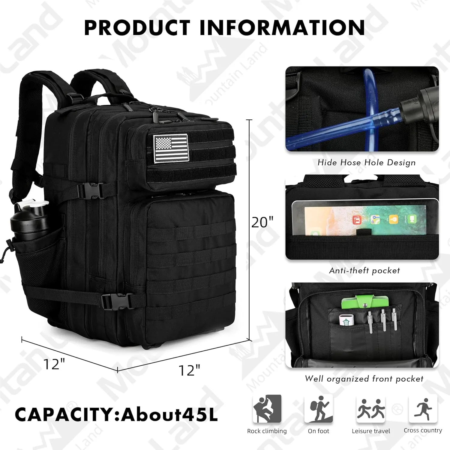 45L Tactical Backpack For Men Assault Large Army Pack 3 Day Molle Bug Out Bag With Water Cup Bag Outdoor Camping Hiking Daypack Military Rucksack -Black